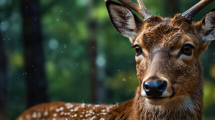 Fototapeta premium Deer with Large Antlers in Morning Forest