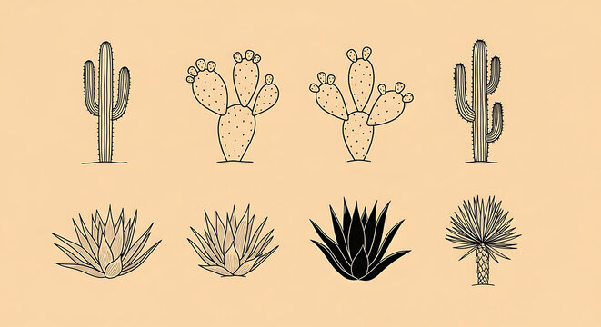 Hand drawn cactus and succulent illustrations set