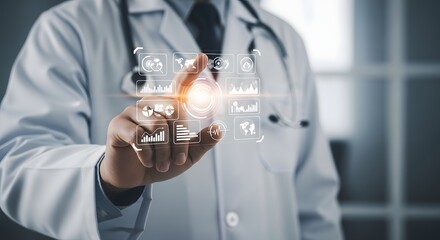 Doctor Using Digital Health Interface with Medical Data and Smart Healthcare Technology