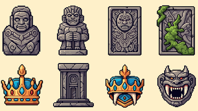 pixel art ancient stone statues crown and pillar collection in retro style