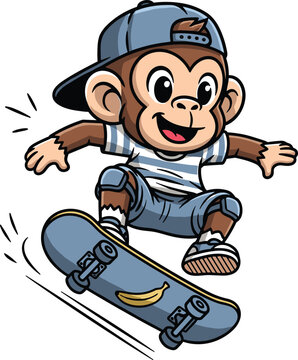 Cute cartoon monkey skateboarding with cap and streetwear performing trick, playful mascot vector illustration for kids, sports branding, stickers