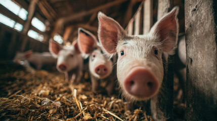 Pig barn straw farm livestock agriculture sustainable rural curious piglet nose close up in wooden barn with straw floor and soft natural light