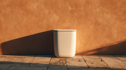 Minimal container zero waste beige bin outdoor wall warm shadow sunset light modern design eco friendly closed lid stone floor Minimal container