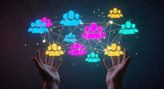 Social network connection concept with colorful user icons linked in digital communication web