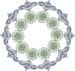 Luxury Ornate Radial Frame with Navy Blue Baroque Filigree and Green Floral Mandala Design on White Background