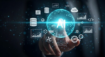 AI Analytics Sphere with Financial Data Icons and Smart Business Technology Concept