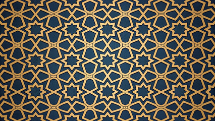 Geometric Islamic pattern with a 3D effect, featuring interlocking star shapes in gold on a textured navy blue background. Suitable for backgrounds and decorative designs.
