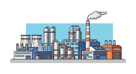 Obraz premium Industrial factory complex with tall chimneys emitting smoke into the sky.