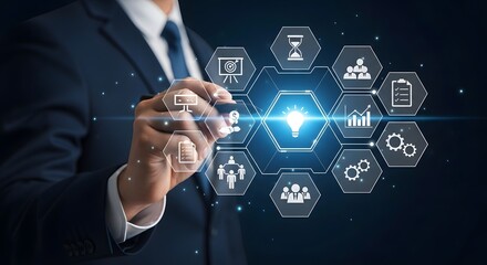 Digital Business Analytics Interface with Smart Data Icons and Corporate Technology Concept