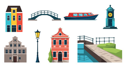 Fototapeta premium colorful european canal houses bridge boat street lamp and riverside hand drawn building elements set