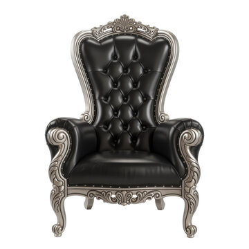Black leather throne chair with silver frame isolated on a transparent background
