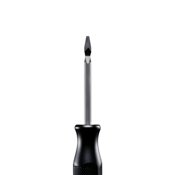 Professional Flat Head Screwdriver with Ergonomic Black Handle Isolated on White Background for Maintenance and Repair Work