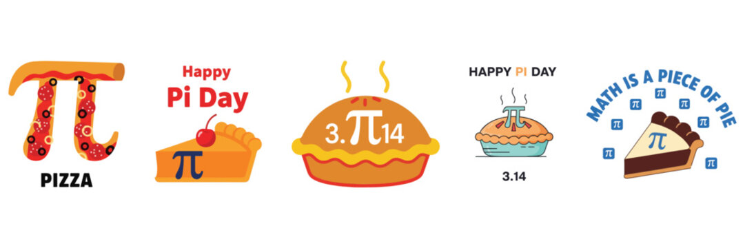 Happy Pi Day with pizza, pies, and math equations, celebrating the delicious number