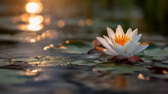 Serene white water lily with a vibrant orange center floating on a tranquil pond during golden hour, reflecting soft sunset light.