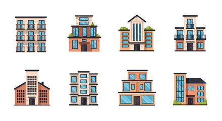 Fototapeta premium collection of hand drawn modern urban buildings with large windows and balconies set