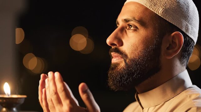Cinematic close up of a worshipper making dua at night, soft warm light illuminating face 