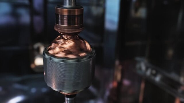 Electric motor rotor with visible copper windings and commutator rotating in an industrial interior. Close-up of an electromechanical component used in power generation