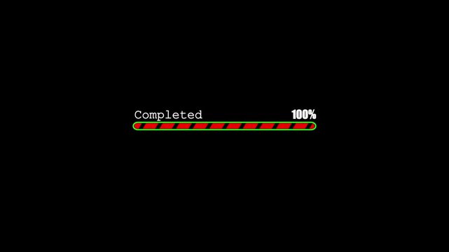 Striped red and green loading bar reaching 100% completion