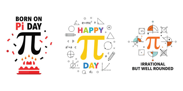 Born on Pi Day cake illustration with confetti and pi symbol.