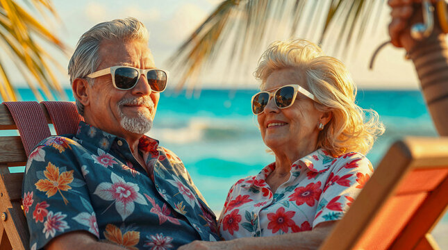 AI-generated image of a Canadian couple, a snowbird senior on a tropical beach