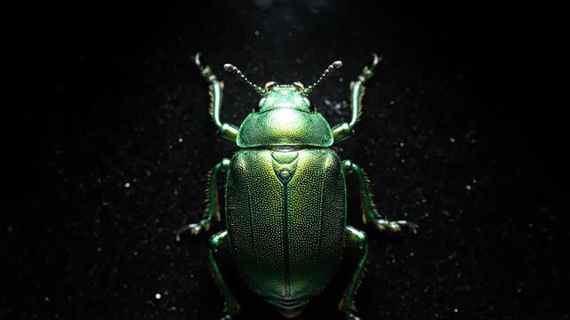 A shimmering green beetle specimen is dramatically illuminated on a dark background