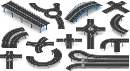 Isometric road and highway constructor set with asphalt overpasses, city roundabouts, traffic junctions, bridge sections, and curved street elements for urban infrastructure map design. © Maslima