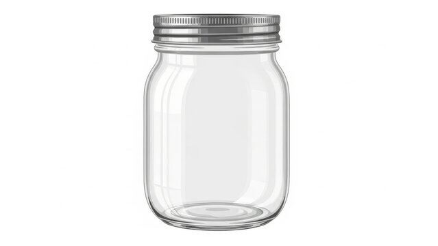 Clear glass jar with silver lid isolated on white background
