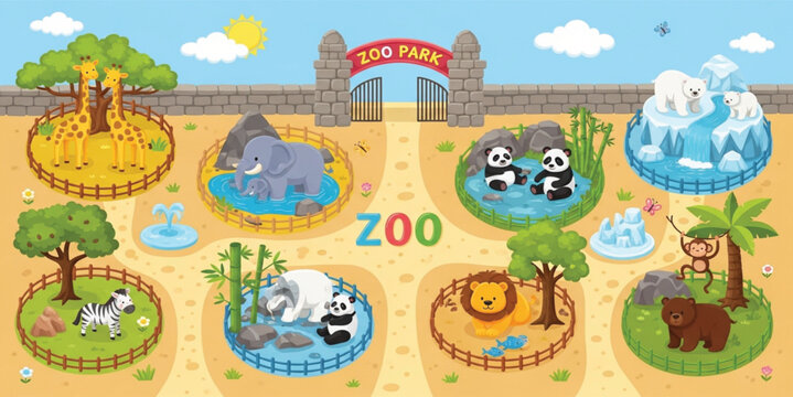 Zoo Park Cartoon Map with Cute Wild Animals Including Lion, Elephant, Panda, Giraffe and Zebra in Educational Kids Playground Vector Illustration