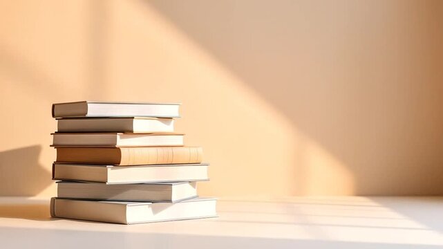 A stack of books on a white surface with a warm background and shadows.