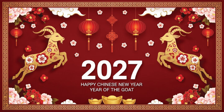 Happy Chinese New Year 2027 Year of the Goat with Lanterns, Floral Decoration and Gold Goat Zodiac on Red Traditional Festival Background Vector Design