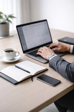 Profissional trabalhando em laptop em mesa de escrit&oacute;rio com caf&eacute;, caderno e smartphone