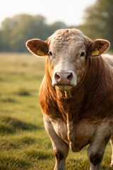 Fototapeta premium Touro marrom e branco em pé na pastagem com luz natural no campo