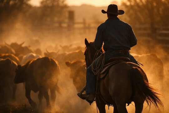 Pe&atilde;o montado conduzindo rebanho bovino em curral com poeira ao entardecer