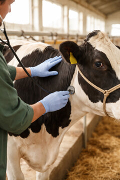 Veterin&aacute;rio examinando vaca leiteira em curral com foco em sa&uacute;de animal