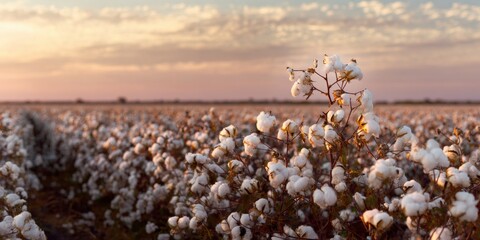 Sunset over expansive cotton field with blooming plants and soft clouds