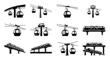 Collection of cable car and transportation silhouettes in black and white. © Tina