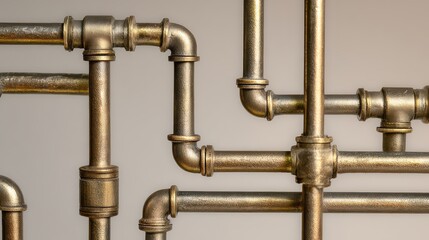 Detailed Shot of Interconnected Copper Pipes with Golden Hue Against Neutral Backdrop Industrial Plumbing System