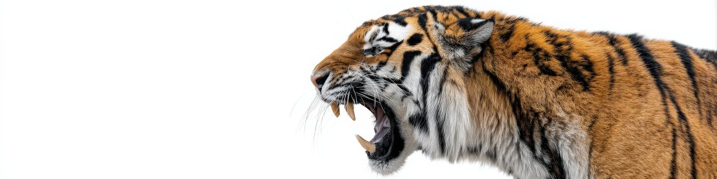 Side profile of a roaring bengal tiger on white background