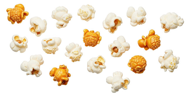 A group of caramel and butter popcorn kernels on a transparent background for snack