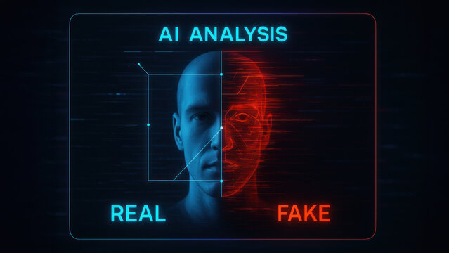 AI analysis deepfake detection ai analysis of human face split between real and fake with diagnostic overlay and emotional tension