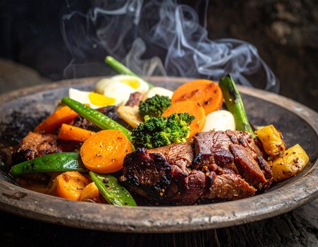 Maori Hangi Traditional Cooking | Meat and Vegetables Underground Stone Oven, Cultural Food Illustration
