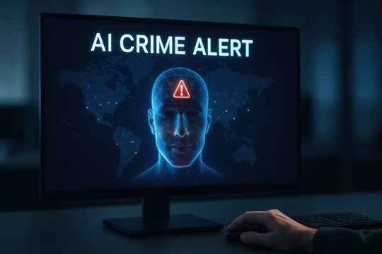AI crime alert screen showing deepfake detection ai analysis warning over synthetic face conveying urgency and concern
