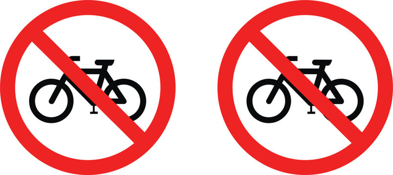 No Bicycle Sign Icon Set with Prohibited Cycling Symbol for Traffic Regulation, Road Safety Warning, Restricted Area Notice and Transportation Ban Vector Design
