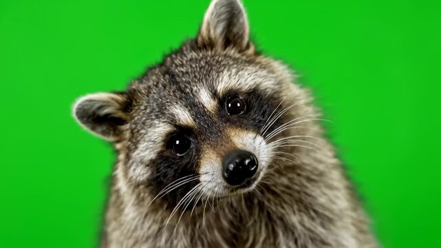Close-up of a curious raccoon face with wide eyes and open mouth on a green screen background.