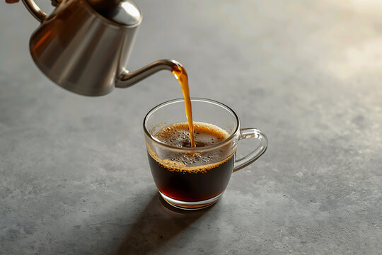 Vietnamese phin filter coffee dripping slowly into clear glass cup, rich dark liquid, warm neutral tones, soft daylight, gentle shadows, minimal authentic coffee brewing still life.