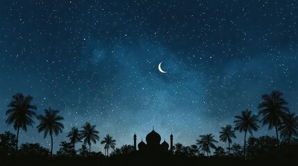 Pixelated Mosque Silhouette Under Starry Night Sky with Crescent Moon and Palm Trees in Blue Hues