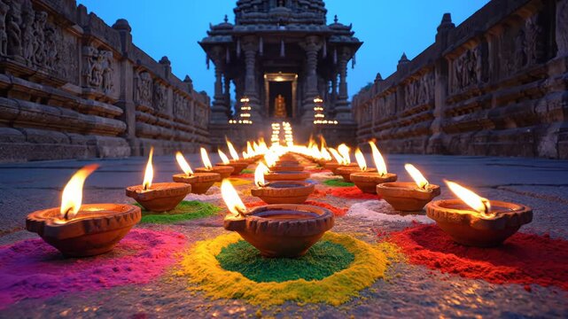 Ancient Stone Temple Illuminated by Row of Clay Oil Lamps and Colorful Powder in Twilight