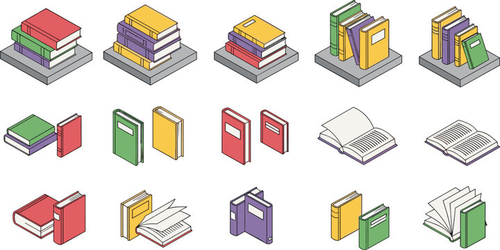 Set of isometric colorful book illustrations including stacked hardcovers open textbooks and library volumes isolated on white background for education publishing and reading concepts.