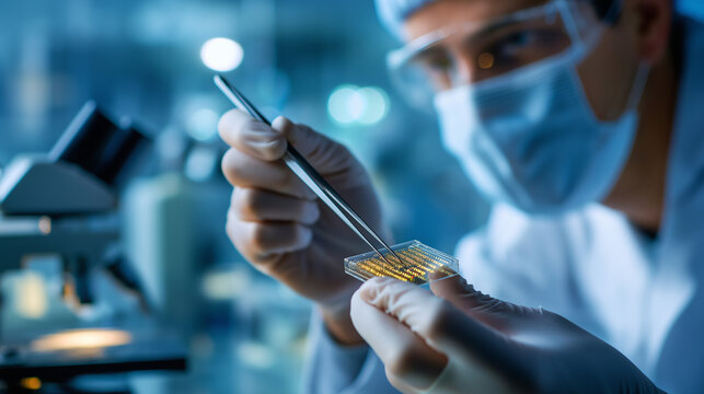 Faceless technician holding silicon sensor matrix with precision tweezers in science laboratory CCD digital camera component microelectronics manufacturing clean room technology