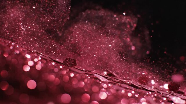 Red glitter particles falling onto a shimmering surface with bokeh lights